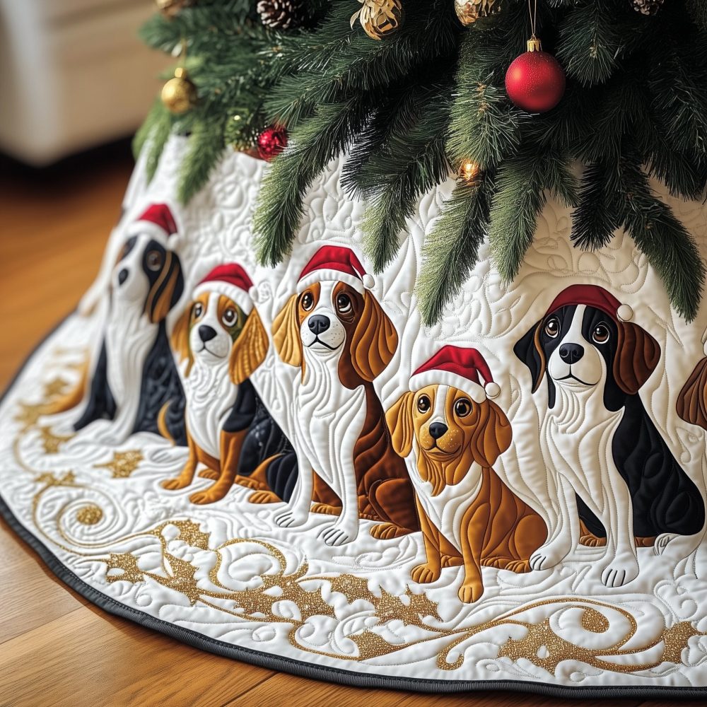 Beagle Quartet Santa Hats Tree Skirt - Festive Made-To-Order Christmas Collar For Beagle Fans, Holiday Pet Decor
