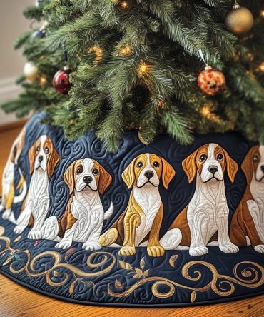 Navy & Gold Scroll Beagles Tree Skirt - Elegant Made-To-Order Christmas Collar For Dog Lovers, Perfect Gift For Beagle Owners