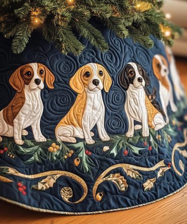 Midnight Filigree Beagle Row Tree Skirt - Handcrafted Dog Lover Christmas Tree Collar, Personalized & Made-To-Order