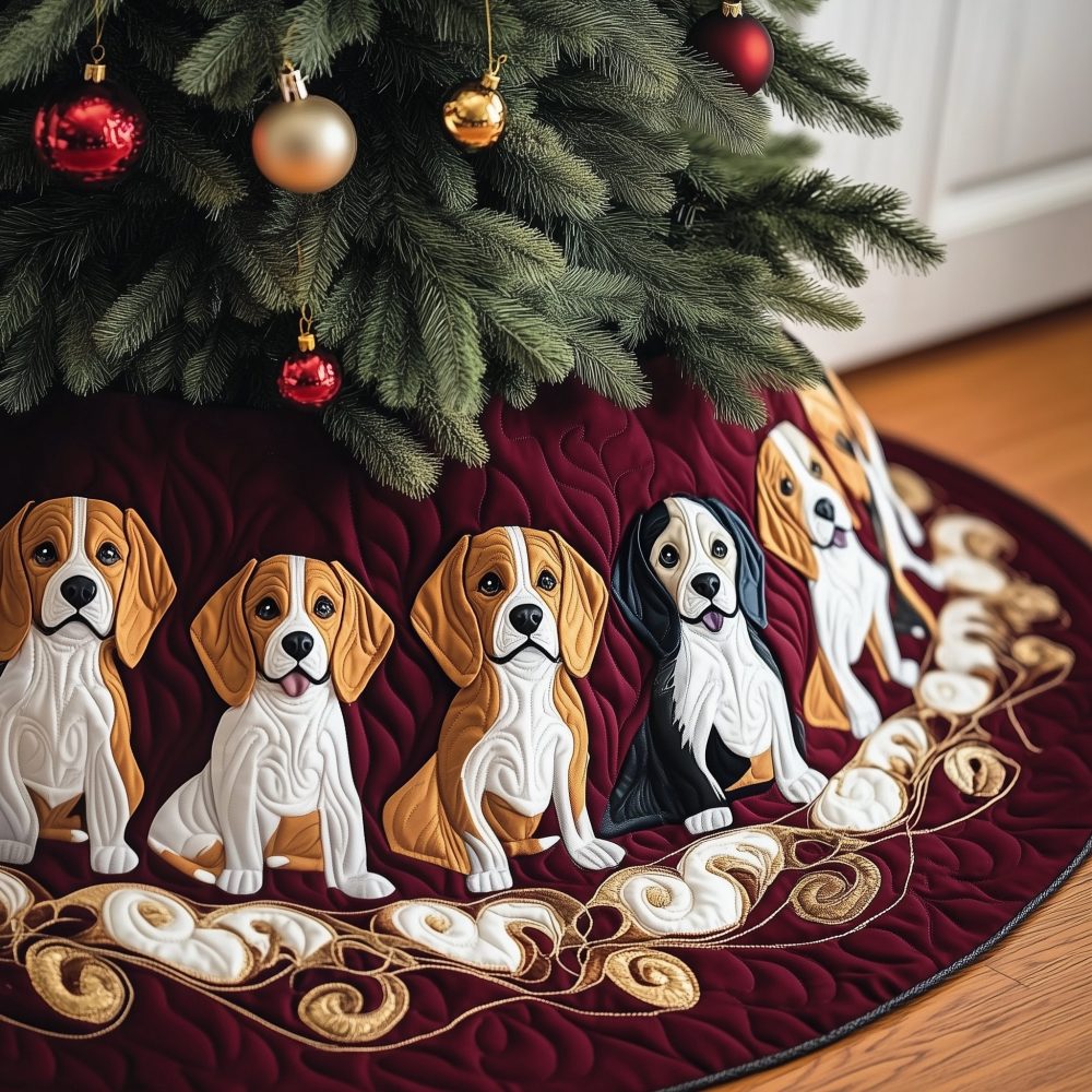 Burgundy Scroll Beagles Christmas Tree Skirt - Custom Holiday Tree Collar For Beagle Owners, Personalized & Handmade