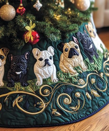 Emerald Gold Frenchies Christmas Tree Skirt — Luxurious French Bulldog Design On Scroll Pattern, Made-To-Order