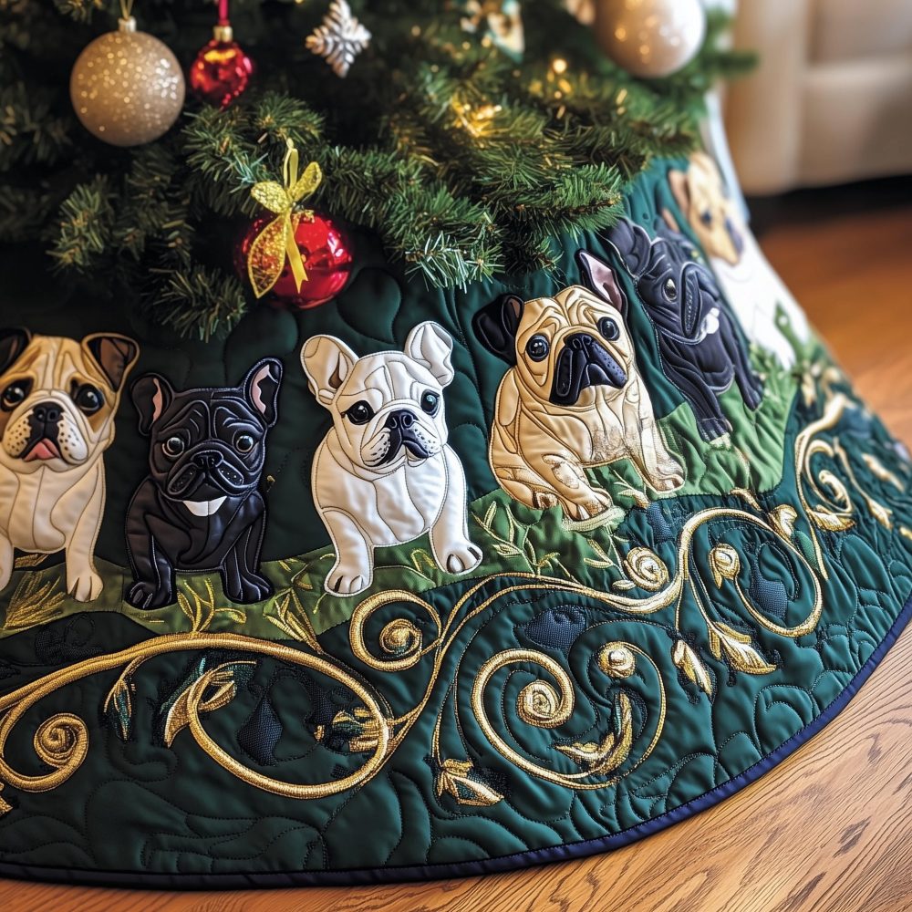 Emerald Gold Frenchies Christmas Tree Skirt — Luxurious French Bulldog Design On Scroll Pattern, Made-To-Order