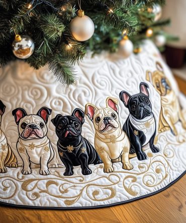 Gold Swirl Frenchie Line Christmas Tree Skirt — Playful French Bulldog Holiday Skirt, Custom Sizing, Handmade Gift