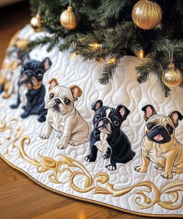 Ivory & Gold Frenchie Pups Tree Skirt — Elegant French Bulldog Holiday Skirt, Made-To-Order, Perfect Dog Lover Gift