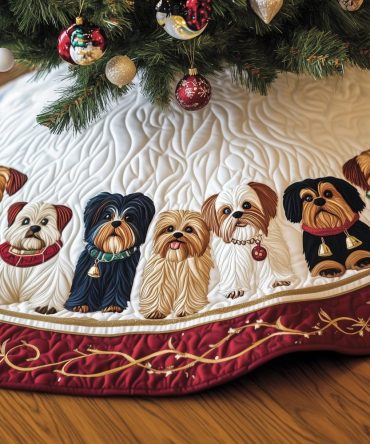 Burgundy & Gold Vine Christmas Tree Skirt With Shih Tzu Portraits — Elegant Made-To-Order Holiday Skirt For Pet Parents & Gifts
