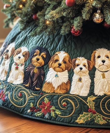 Teal Scroll Christmas Tree Skirt With Yorkie & Maltese Dog Illustrations — Custom Pet Lover Holiday Skirt, Handmade & Gift-Ready