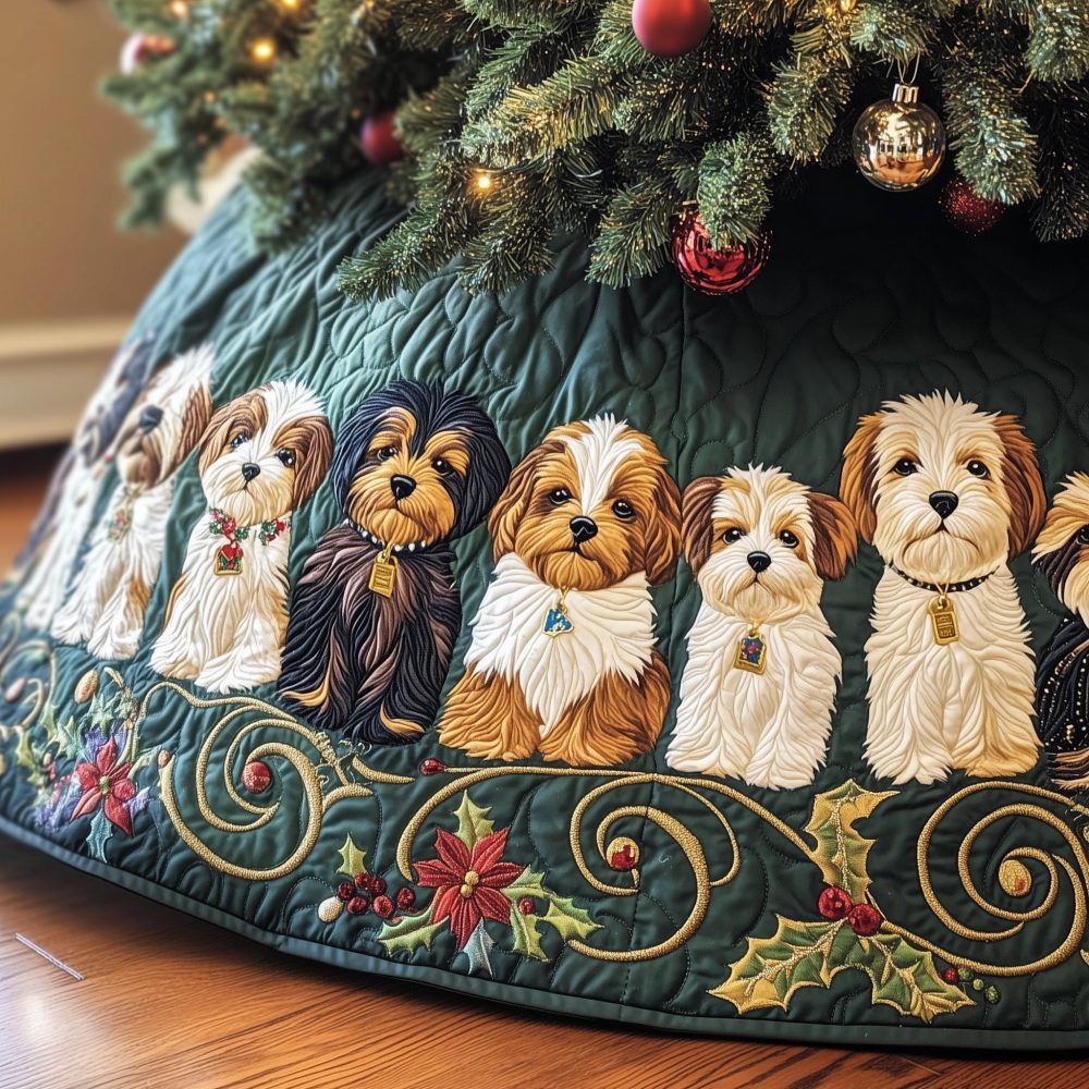 Teal Scroll Christmas Tree Skirt With Yorkie & Maltese Dog Illustrations — Custom Pet Lover Holiday Skirt, Handmade & Gift-Ready