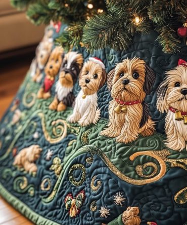 Navy & Gold Swirl Christmas Tree Skirt With Yorkshire Terrier Motif — Luxurious Pet Holiday Skirt, Custom Made For Dog Lovers