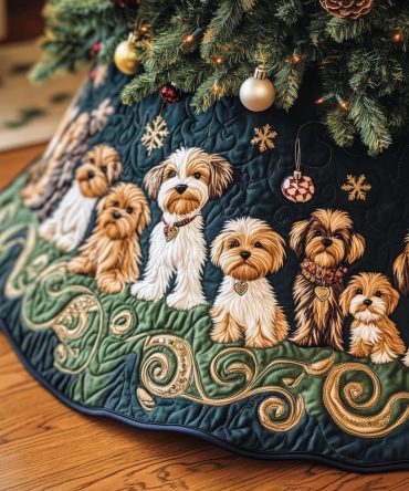 Dark Green Scroll Christmas Tree Skirt With Small Dog Silhouettes — Custom Pet-Themed Holiday Skirt, Handmade & Machine Washable