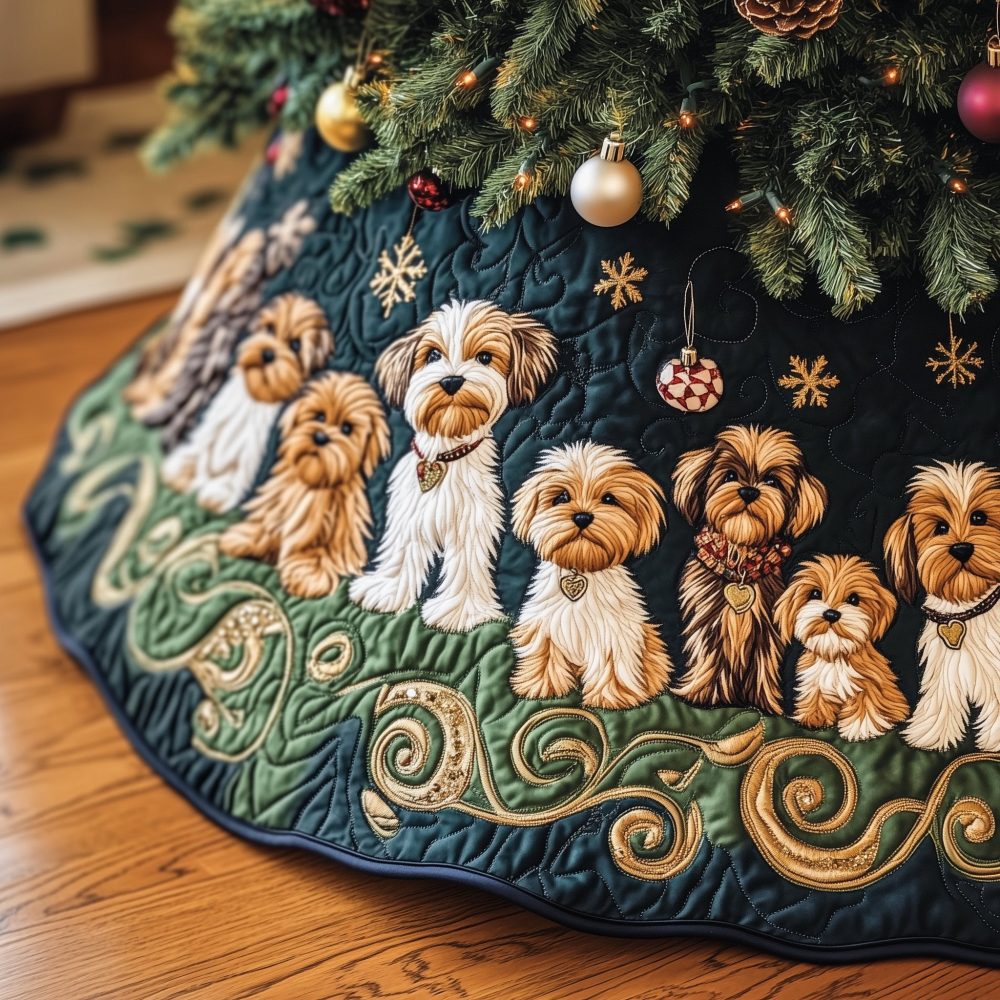 Dark Green Scroll Christmas Tree Skirt With Small Dog Silhouettes — Custom Pet-Themed Holiday Skirt, Handmade & Machine Washable