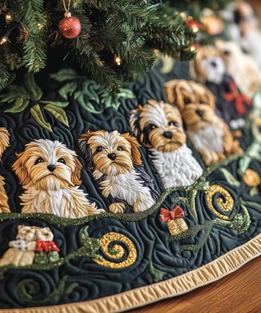 Navy Holiday Tree Skirt With Shih Tzu Dogs & Gift Boxes — Custom Made Christmas Tree Skirt For Pet Owners, Festive Home Decor