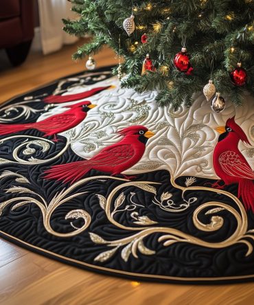 Black Christmas Tree Skirt With Cardinals And Gold Scrolls — Handmade Made-To-Order Elegant Festive Skirt