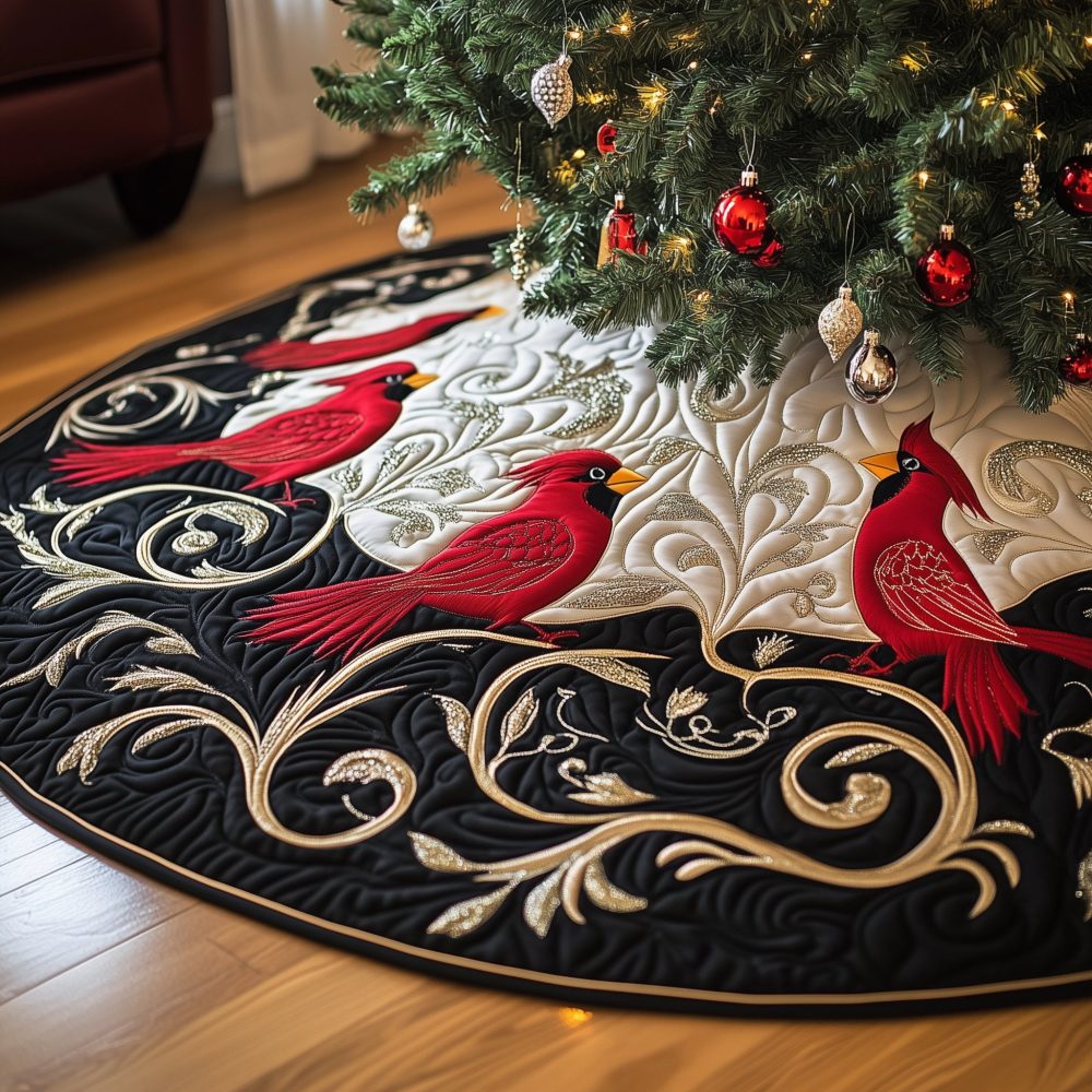 Black Christmas Tree Skirt With Cardinals And Gold Scrolls — Handmade Made-To-Order Elegant Festive Skirt