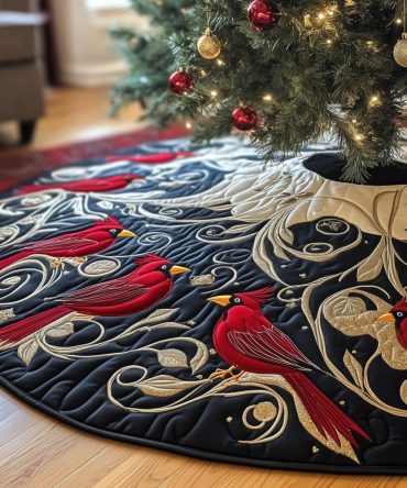 Black & White Swirl Christmas Tree Skirt With Cardinals — Handmade Made-To-Order Elegant Contrast Skirt