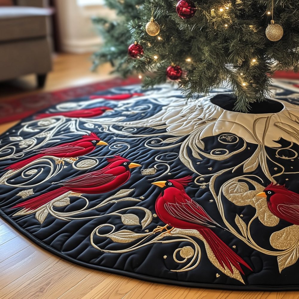 Black & White Swirl Christmas Tree Skirt With Cardinals — Handmade Made-To-Order Elegant Contrast Skirt