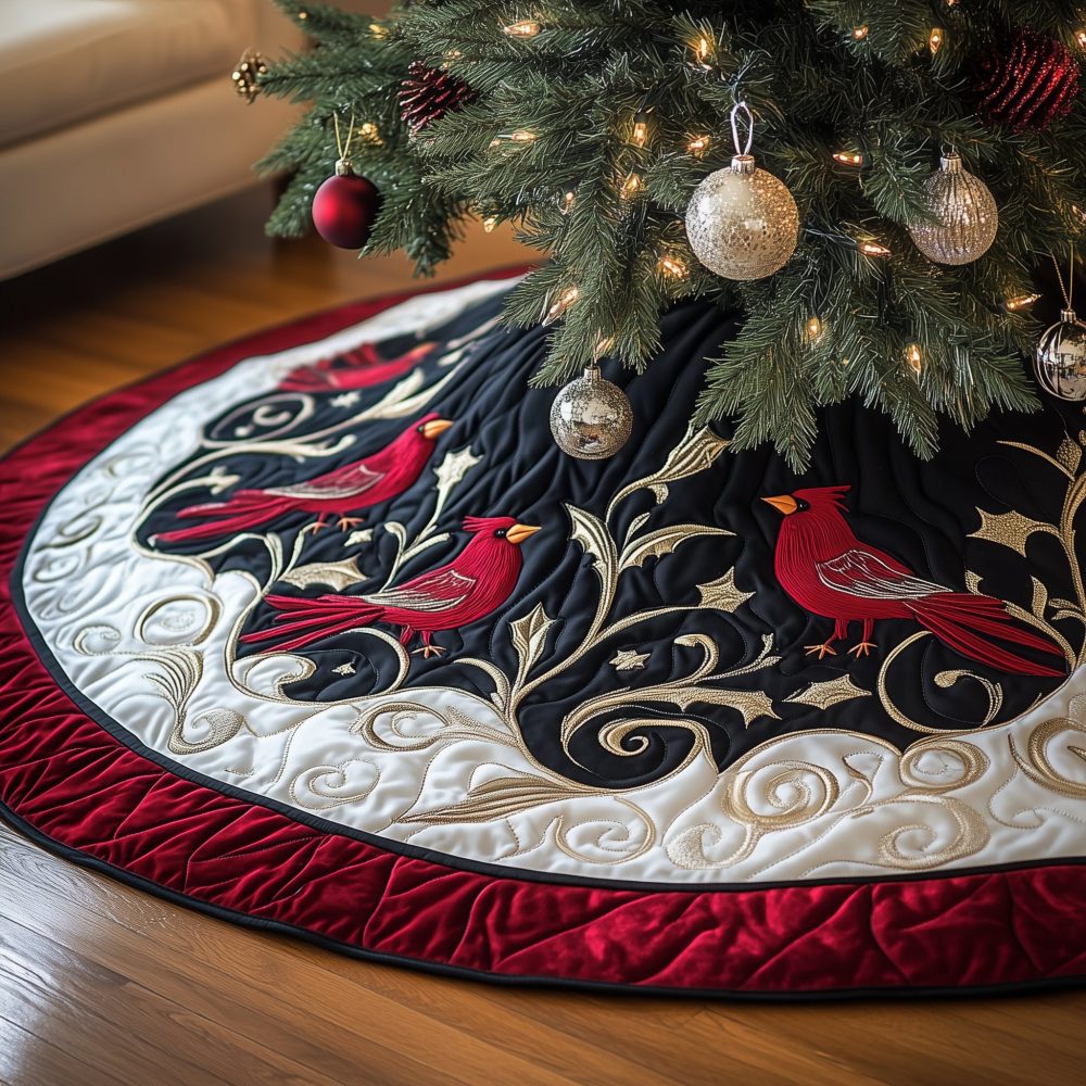 Black Christmas Tree Skirt With Cardinals And Crimson Rim — Handmade Made-To-Order Bold Holiday Accent