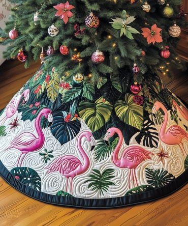 Vibrant Flamingo Christmas Tree Skirt With Tropical Leaf Pattern — Custom Beachy Holiday Decor, Lightweight & Made To Order