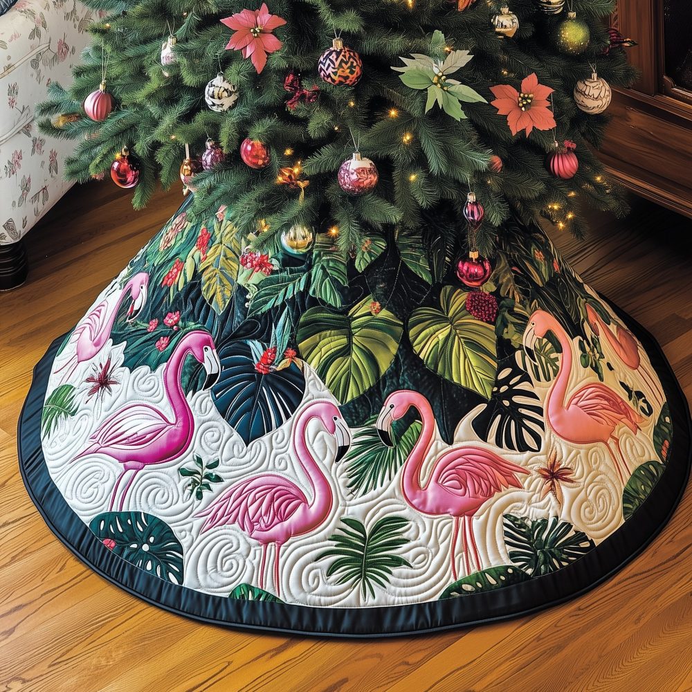 Vibrant Flamingo Christmas Tree Skirt With Tropical Leaf Pattern — Custom Beachy Holiday Decor, Lightweight & Made To Order