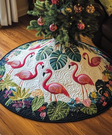 Custom Monstera & Flamingo Christmas Tree Skirt — Tropical Holiday Decor With Lush Green Leaves, Made-To-Order Coastal Accent