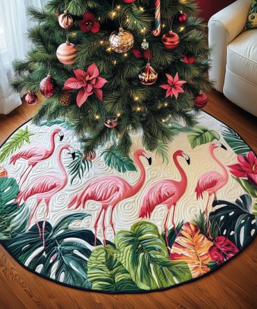 Handcrafted Tropical Flamingo Christmas Tree Skirt With Pink Blooms — Custom Holiday Decor For Beach & Coastal Homes, Perfect Gift
