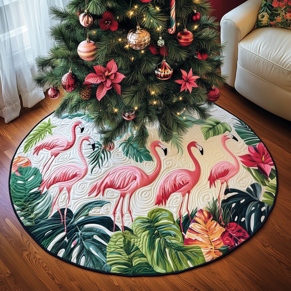 Handcrafted Tropical Flamingo Christmas Tree Skirt With Pink Blooms — Custom Holiday Decor For Beach & Coastal Homes, Perfect Gift