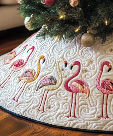 Cream Flamingos On Gold Swirl Tree Skirt — Custom-Made Elegant Coastal Holiday Skirt With Flamingo Accents