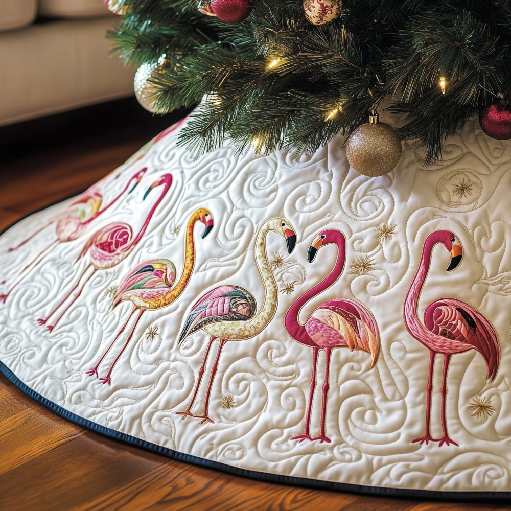 Cream Flamingos On Gold Swirl Tree Skirt — Custom-Made Elegant Coastal Holiday Skirt With Flamingo Accents