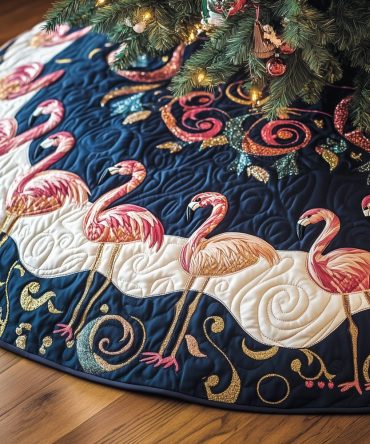Navy & Gold Flamingo Hem Tree Skirt — Luxurious Flamingo Design With Gold Trim, Custom-Made For Holiday Elegance