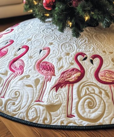 Ivory Scroll Flamingo Flock Tree Skirt — Made-To-Order Elegant Holiday Skirt With Vintage Scroll Motif And Flamingos