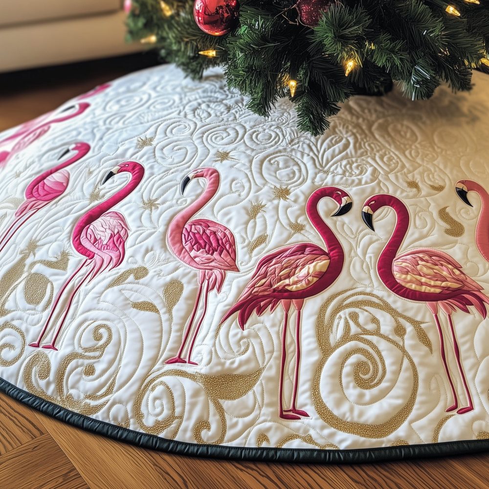Ivory Scroll Flamingo Flock Tree Skirt — Made-To-Order Elegant Holiday Skirt With Vintage Scroll Motif And Flamingos