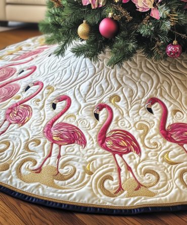 Snow White Flamingo Trio Christmas Tree Skirt — Elegant White Holiday Skirt With Flamingo Motif, Custom & Handmade