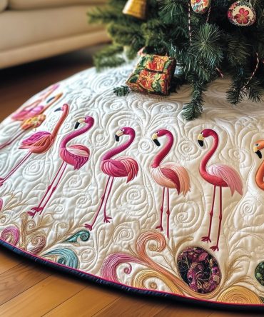Cream Flamingos With Baubles Christmas Tree Skirt — Playful Coastal Holiday Décor, Custom-Made, Multiple Sizes Available