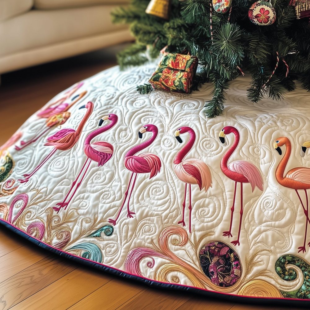 Cream Flamingos With Baubles Christmas Tree Skirt — Playful Coastal Holiday Décor, Custom-Made, Multiple Sizes Available