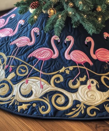 Midnight Gold Flamingo Christmas Tree Skirt — Luxurious Flamingos On Dark Band, Made-To-Order, Statement Holiday Decor