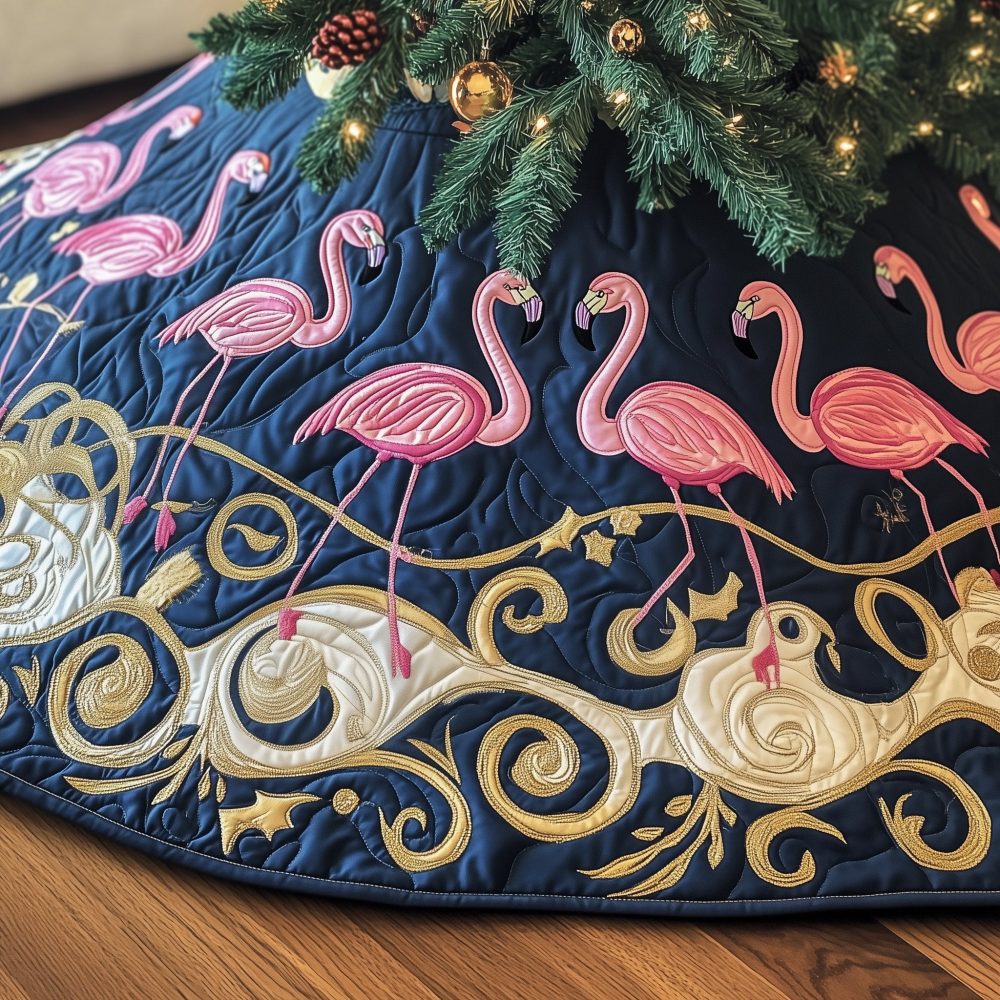 Midnight Gold Flamingo Christmas Tree Skirt — Luxurious Flamingos On Dark Band, Made-To-Order, Statement Holiday Decor