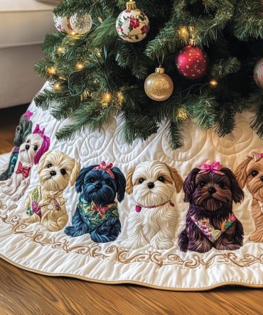 Shih Tzu Holiday Tree Skirt With Bows — Custom-Made Cream Tree Skirt, Dog Lover Gift, Festive Pet-Themed Décor