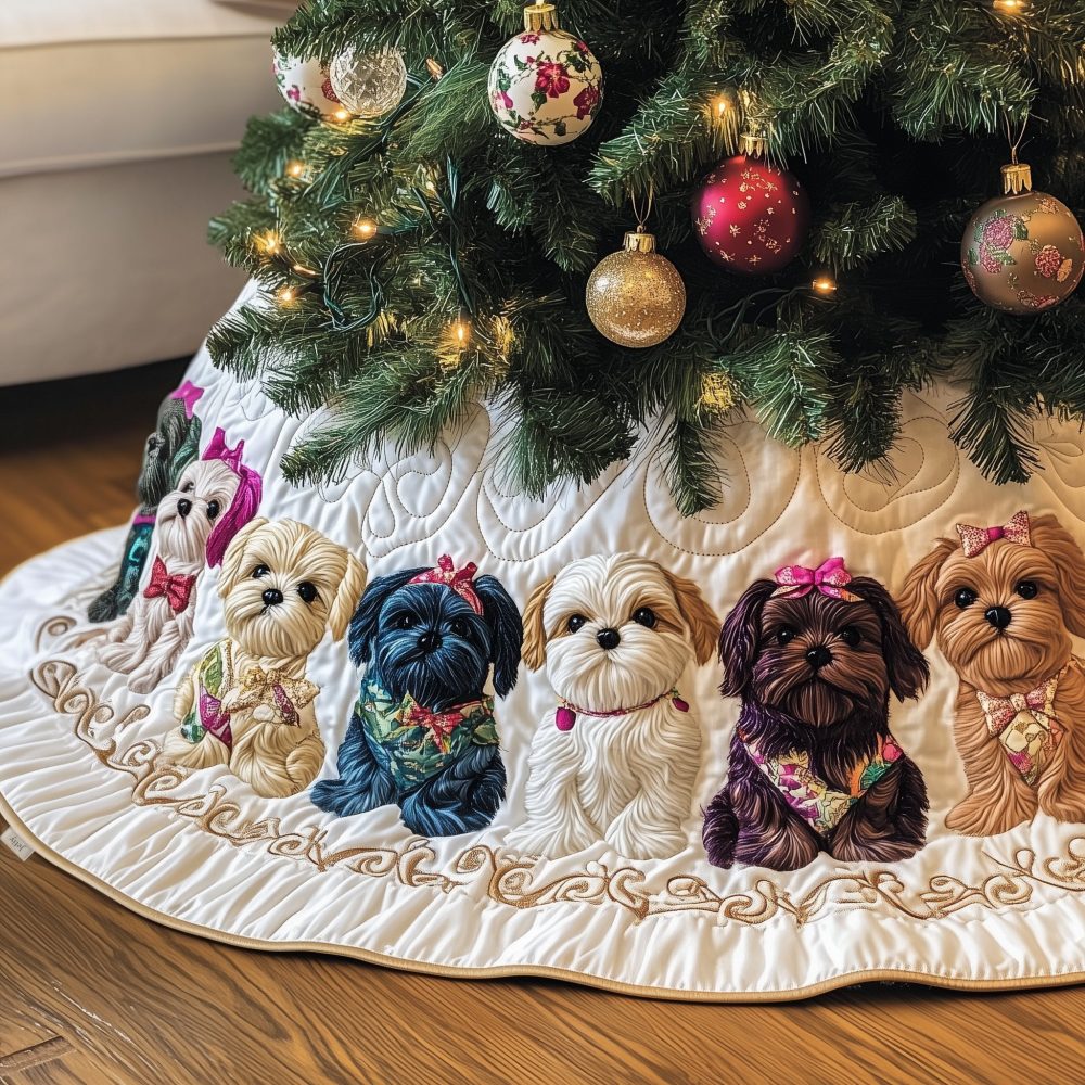 Shih Tzu Holiday Tree Skirt With Bows — Custom-Made Cream Tree Skirt, Dog Lover Gift, Festive Pet-Themed Décor