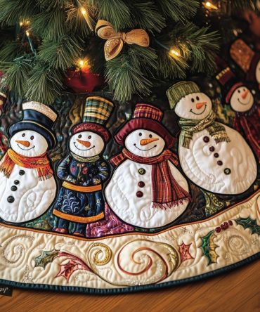 Vintage Snowman Row Cream Christmas Tree Skirt — Retro Holiday Design, Handmade, Custom Sizing, Perfect Seasonal Centerpiece