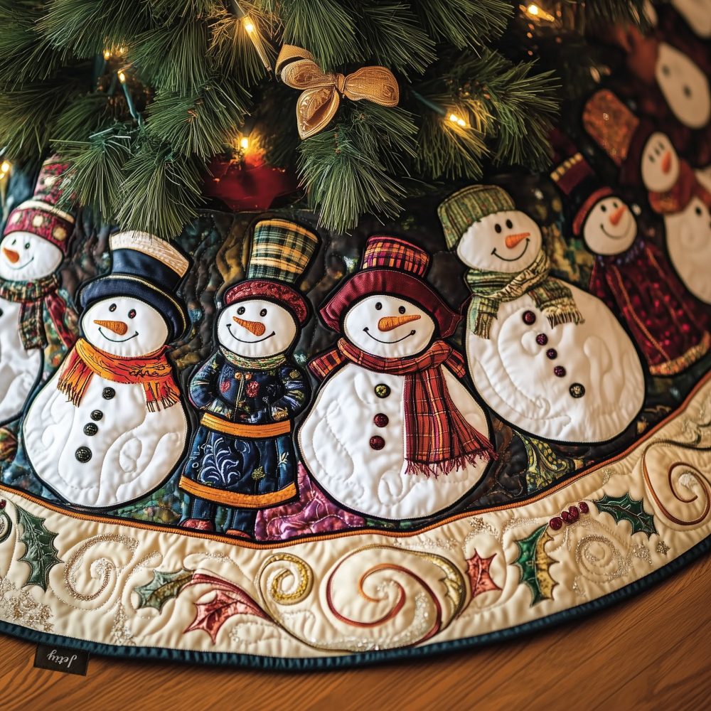 Vintage Snowman Row Cream Christmas Tree Skirt — Retro Holiday Design, Handmade, Custom Sizing, Perfect Seasonal Centerpiece