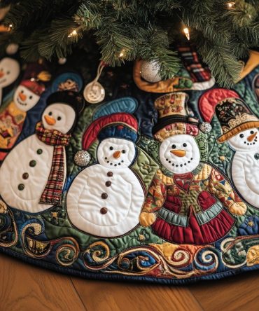 Handmade Snowmen & Tartan Scarf Christmas Tree Skirt — Custom Holiday Decor, Made-To-Order, Fits Multiple Tree Sizes