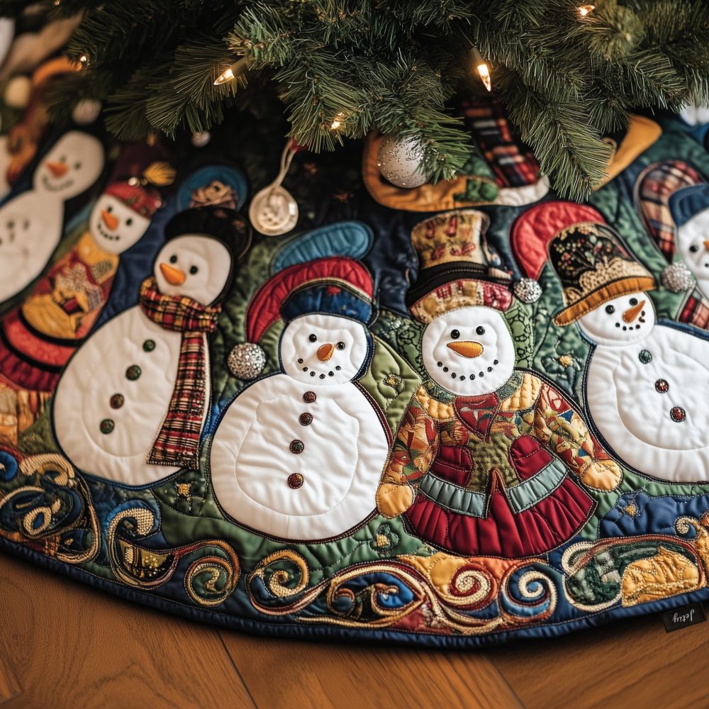 Handmade Snowmen & Tartan Scarf Christmas Tree Skirt — Custom Holiday Decor, Made-To-Order, Fits Multiple Tree Sizes