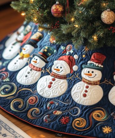 Snowman Pair In Winter Wool Quilted Tree Skirt — Made-To-Order Holiday Tree Base With Cozy Textures And Appliqué Detail