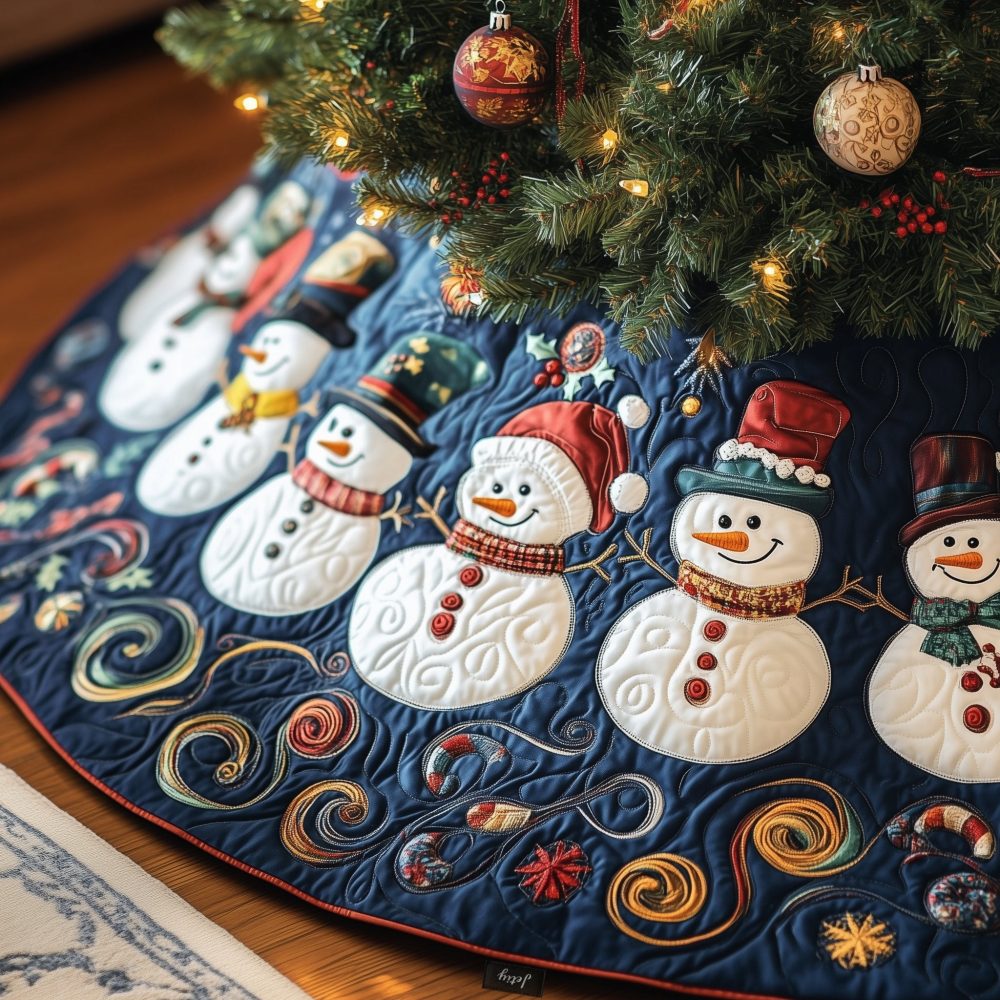 Snowman Pair In Winter Wool Quilted Tree Skirt — Made-To-Order Holiday Tree Base With Cozy Textures And Appliqué Detail