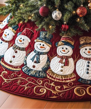 Snowman Family On Navy Swirl Christmas Tree Skirt — Custom Quilted Tree Base, Family-Friendly Holiday Centerpiece