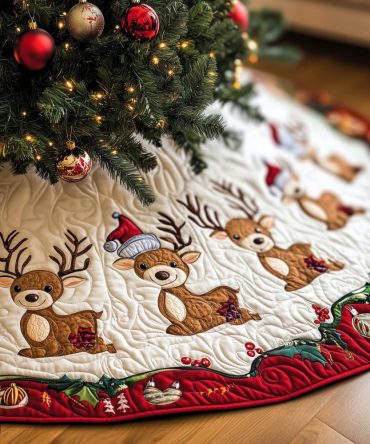 Festive Reindeer Tree Skirt - Handcrafted Christmas Tree Skirt With Reindeer Design, Custom Trim & Personalization