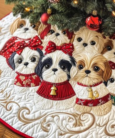 Custom Handmade Christmas Tree Skirt With Shih Tzu Dogs, Red Bows & Bells — Perfect Festive Pet Lover Gift