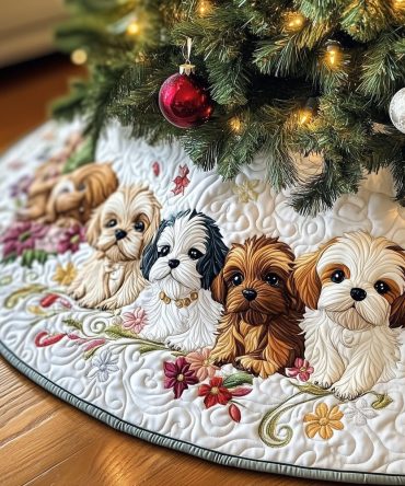 Adorable Shih Tzu Puppy Tree Skirt With Pink Flowers - Personalized Pet Christmas Decor, Soft Fabric Made-To-Order, Perfect Gift