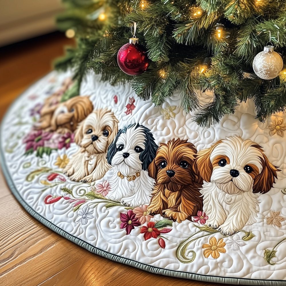 Adorable Shih Tzu Puppy Tree Skirt With Pink Flowers - Personalized Pet Christmas Decor, Soft Fabric Made-To-Order, Perfect Gift