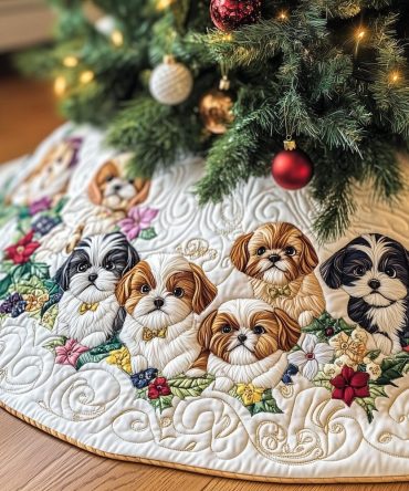 Pink Blossom Shih Tzu Tree Skirt - Feminine Custom Holiday Pet Decor, Handmade Made-To-Order Christmas Accent, Ideal Gift For Her
