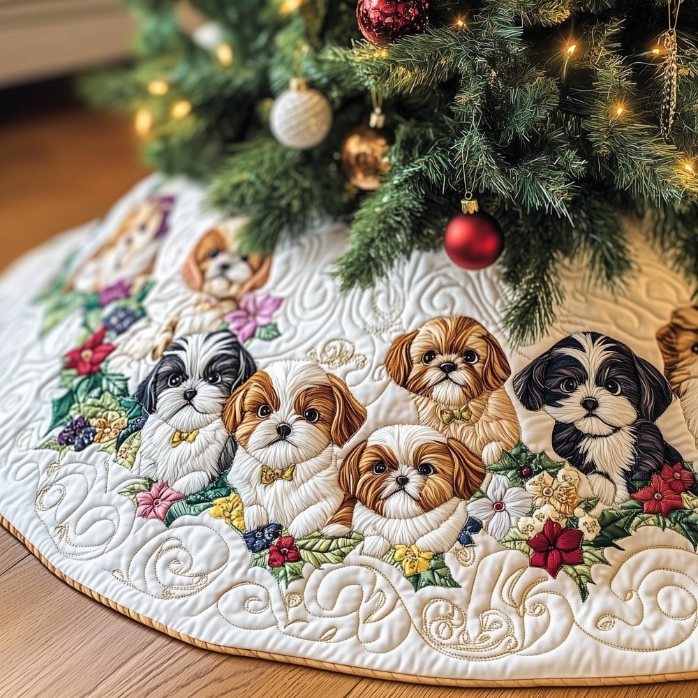 Pink Blossom Shih Tzu Tree Skirt - Feminine Custom Holiday Pet Decor, Handmade Made-To-Order Christmas Accent, Ideal Gift For Her